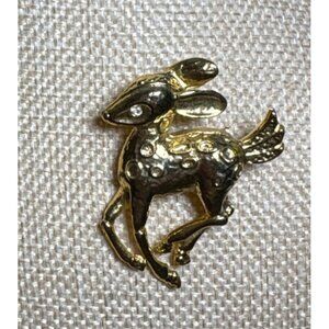 Deer Brooch Pin Animal Jewelry Vintage Gold Tone Bambi Fawn Rhinestone 1.5"